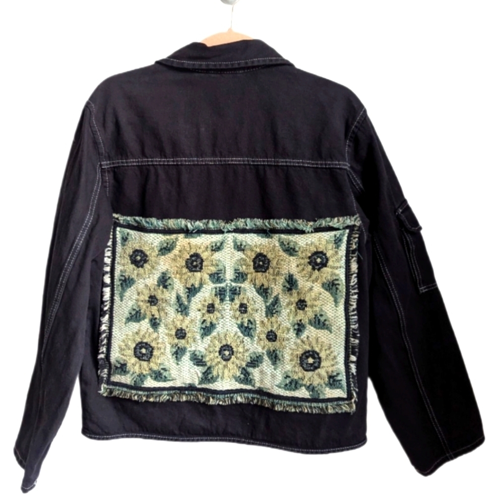 VINTAGE Handmade Black Jeans Cotton Floral Back Tapestry Retro Jacket Small
